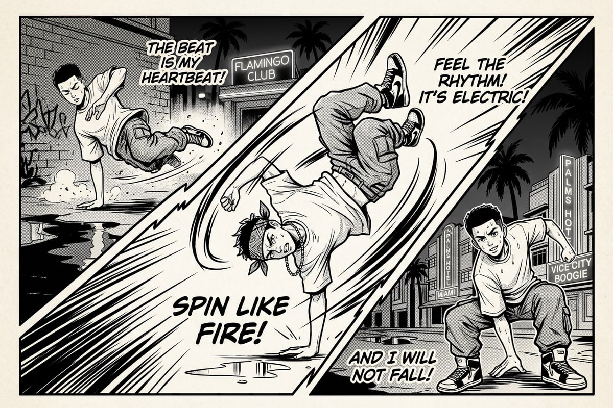 Sequential three-panel black and white manga comic layout showing an action dance sequence.