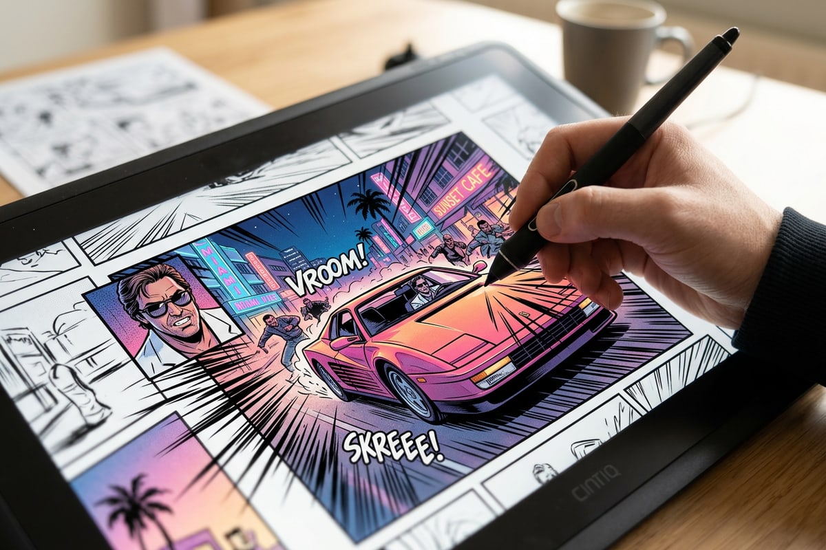 Stylus drawing hand-drawn speed lines and radial action vectors across comic panels.