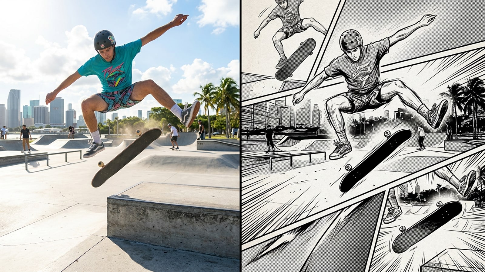 Split image showing a real iPhone skateboard action shot transformed into a multi-panel black-and-white manga comic page.