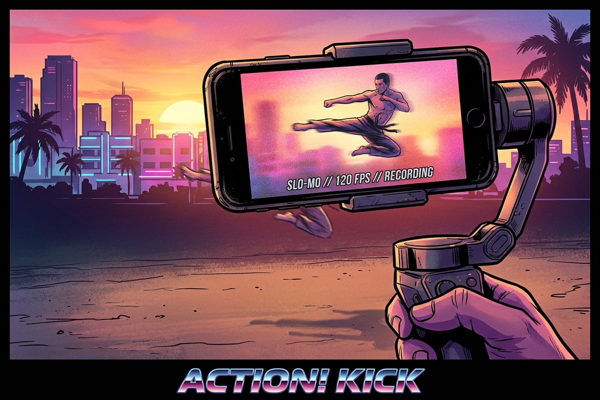 Close-up of an iPhone recording a high-speed martial arts jump kick for video-to-manga conversion.