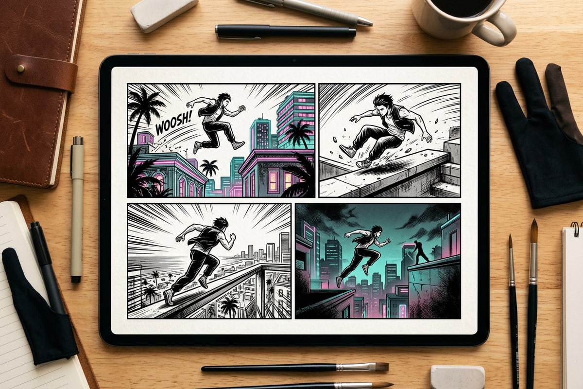 Overhead view of a tablet displaying a completed action manga page with speed lines and multi-panel layout.