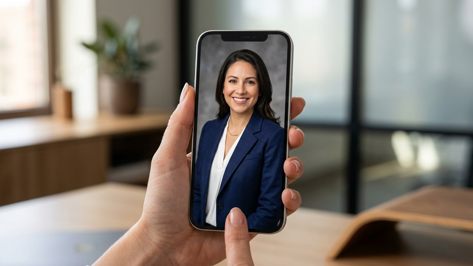 iPhone displaying a professional LinkedIn headshot with a navy blazer and studio grey background.