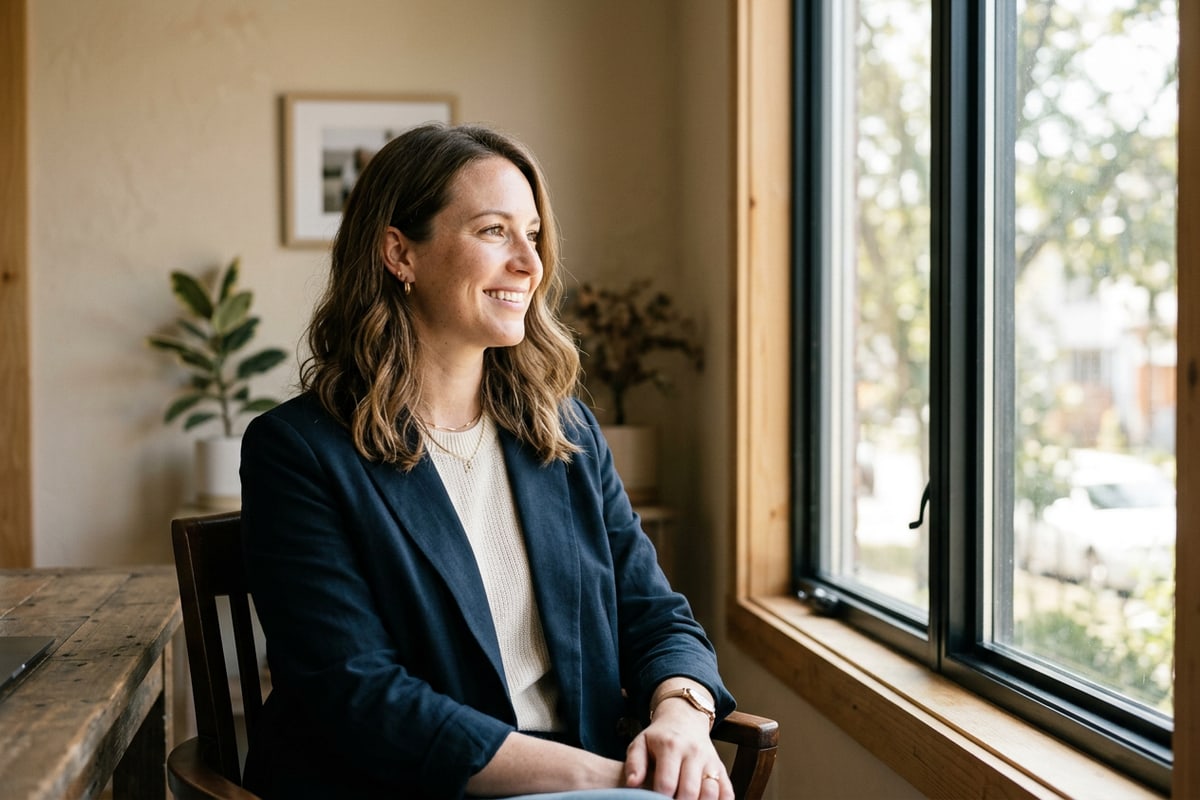 Person seated near a window for optimal natural selfie lighting.