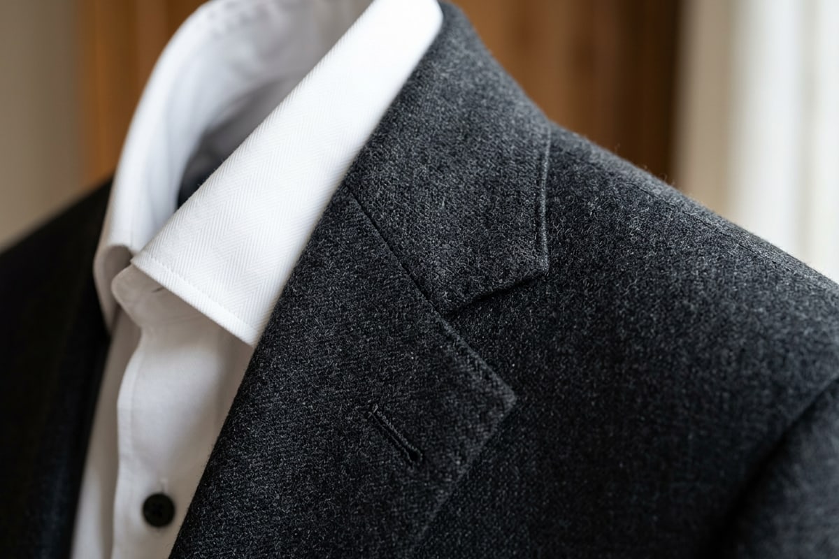 Close-up detail of realistic suit fabric texture and clean collar alignment.