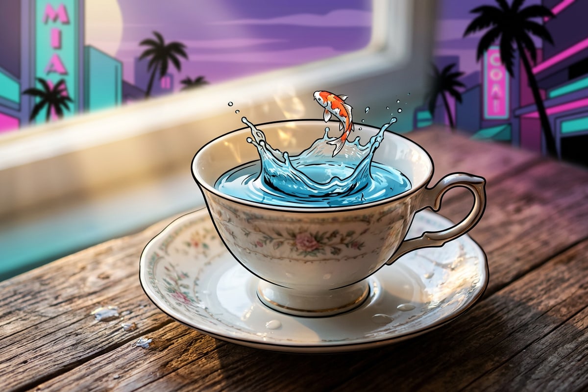 A porcelain teacup with a tiny splashing water pool and leaping mini koi fish inside.