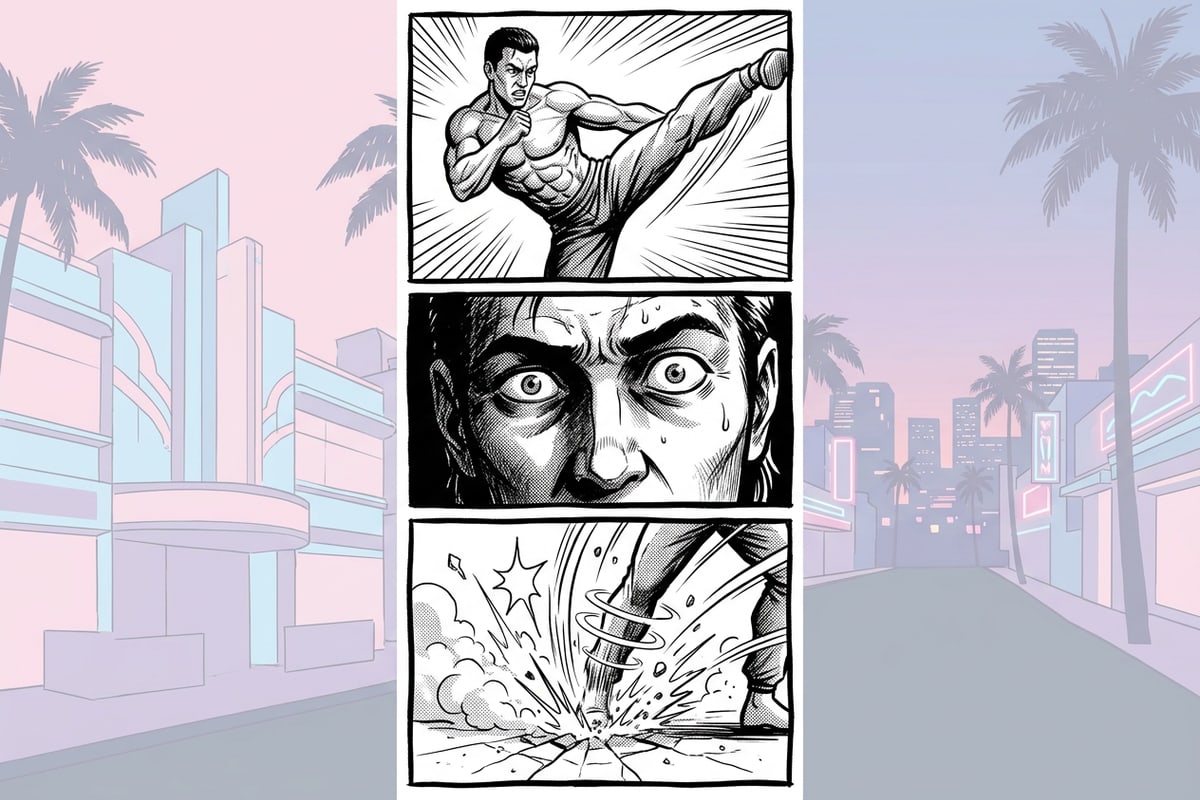 A vertical three-panel manga page showcasing dynamic action and reaction frames.