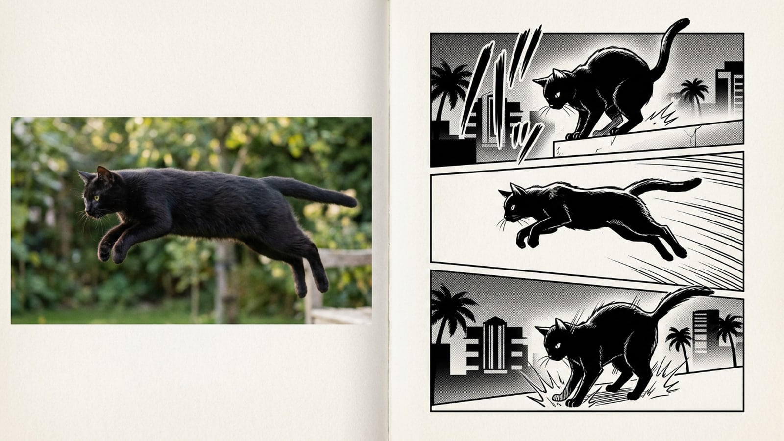 การเปรียบเทียบแสดงเฟรมวิดีโอสดของแมวกำลังกระโดดที่แปลงเป็นหน้ามังงะการ์ตูนญี่ปุ่นหลายช่องพร้อมการแรเงาหมึก