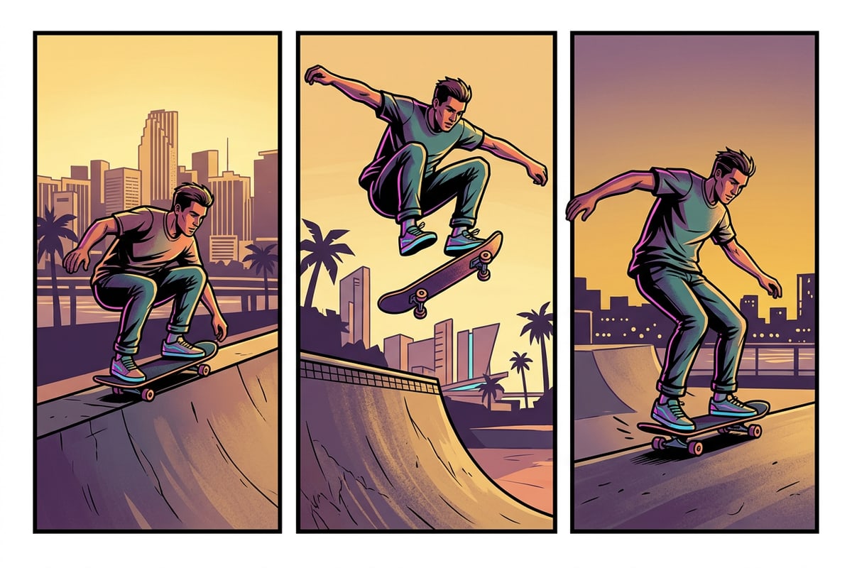 Three sequential action keyframes of a skateboarder in golden hour lighting suitable for comic panel conversion.