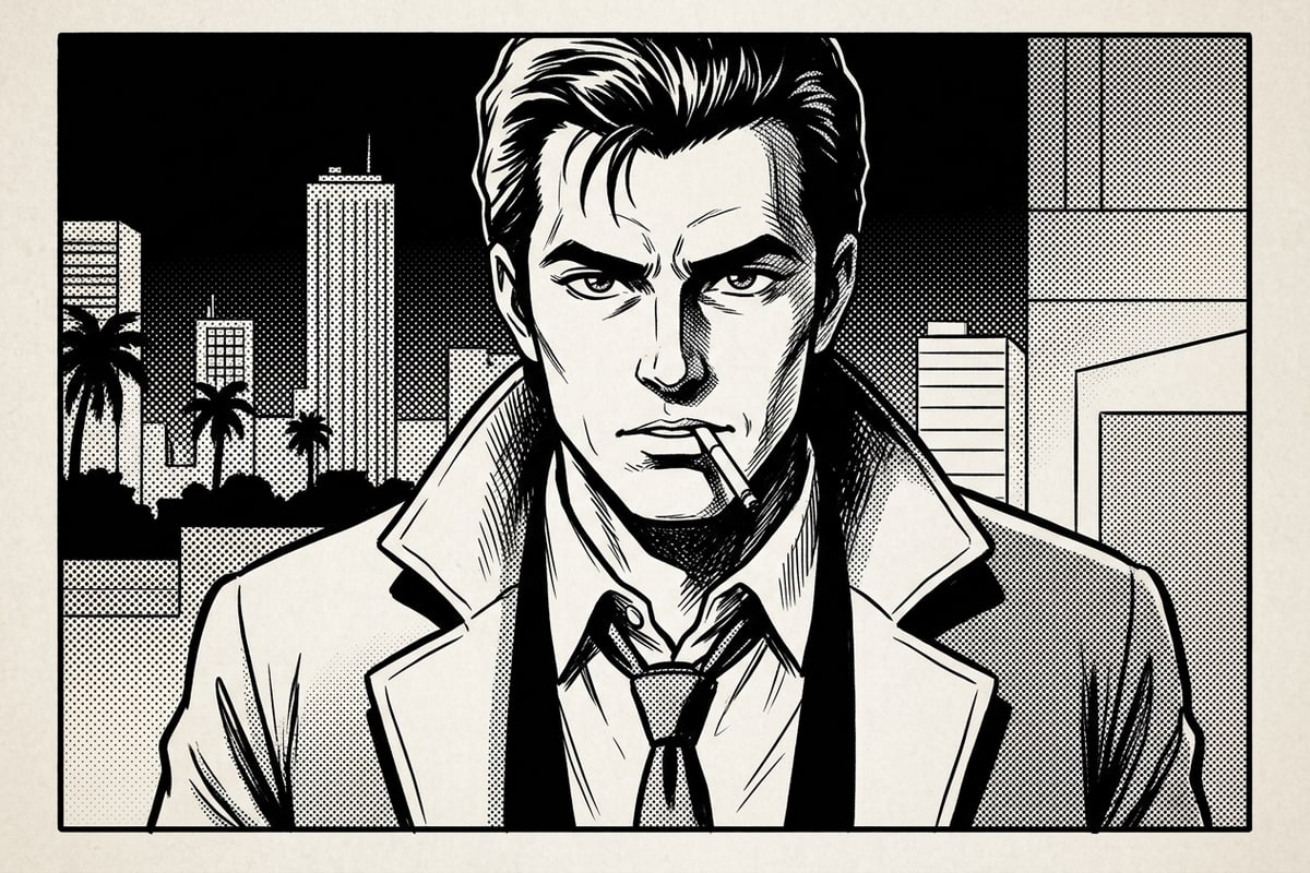 Detailed close-up of a high-contrast black and white manga comic panel with halftone screentone shading.