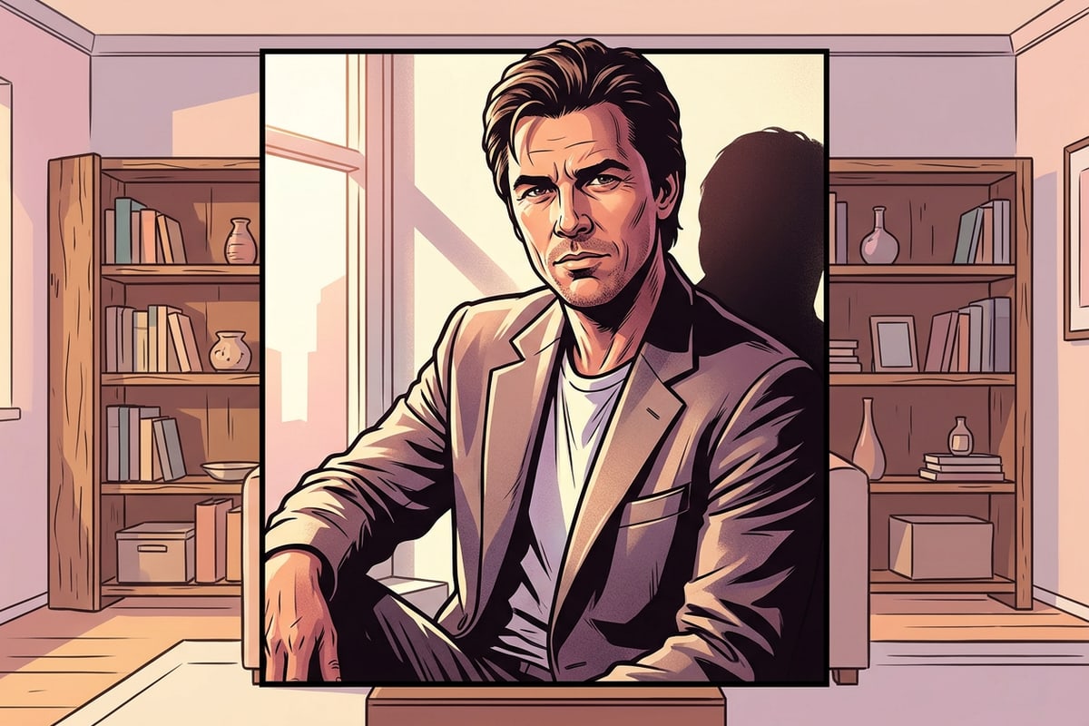 Widescreen 16:9 expanded indoor scene showing a portrait seamlessly outpainted into a cozy living room with bookshelf.