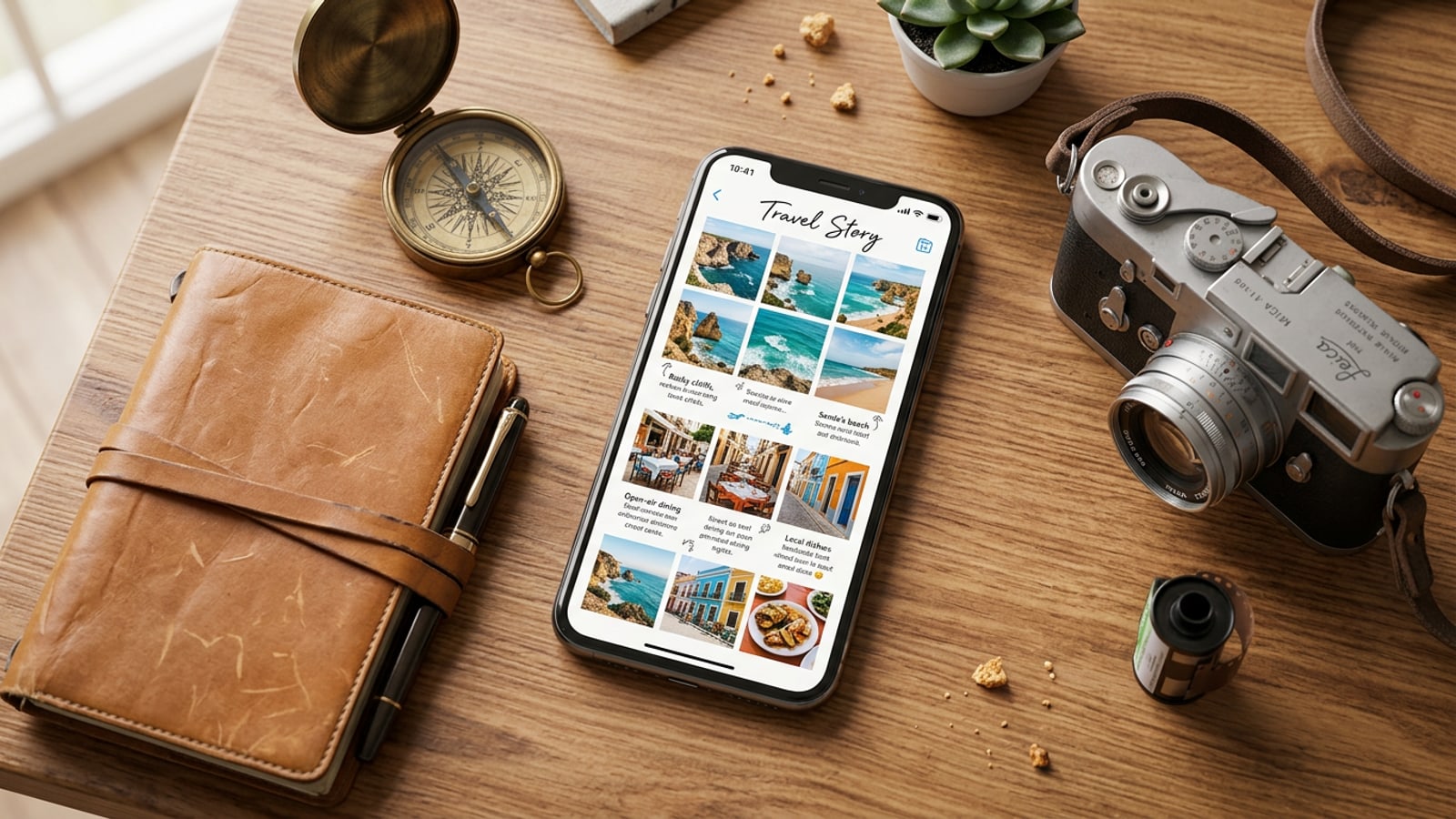 Flatlay dari atas menampilkan iPhone yang menampilkan tata letak cerita foto perjalanan satu halaman di sebelah aksesori jurnal perjalanan di atas meja kayu.