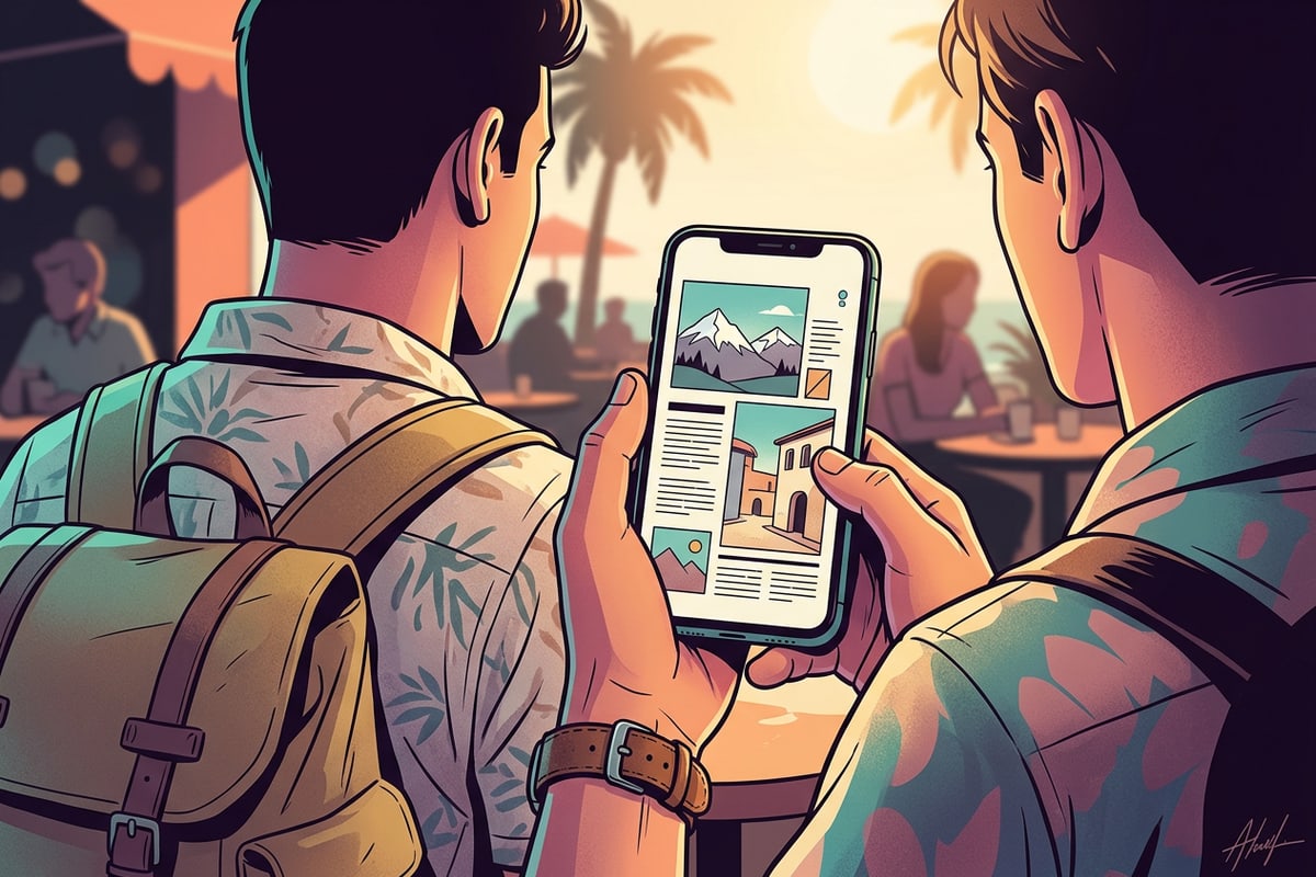 Close-up over the shoulder shot of a traveler reviewing a finished one-page travel visual summary on an iPhone.