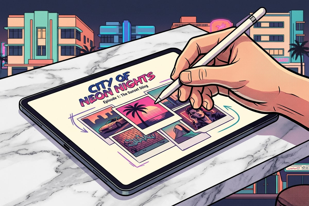 Detail view of adding hand-drawn line accents and typography layers to a mobile travel page project.