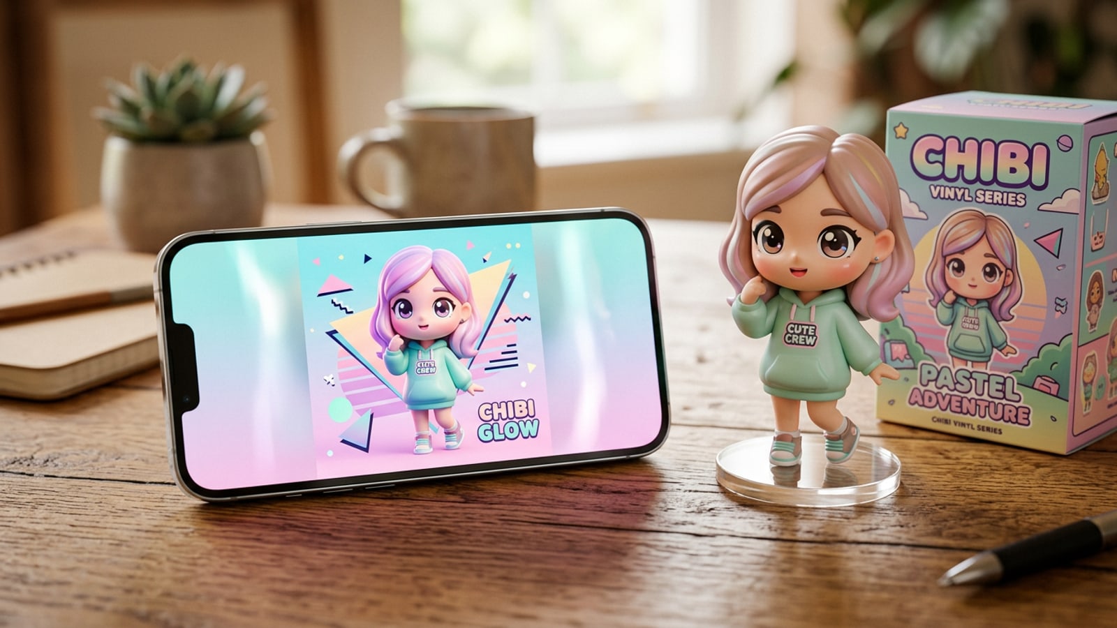 An iPhone on a desk displaying a 3D Chibi photo edit next to a physical glossy Chibi vinyl figure.