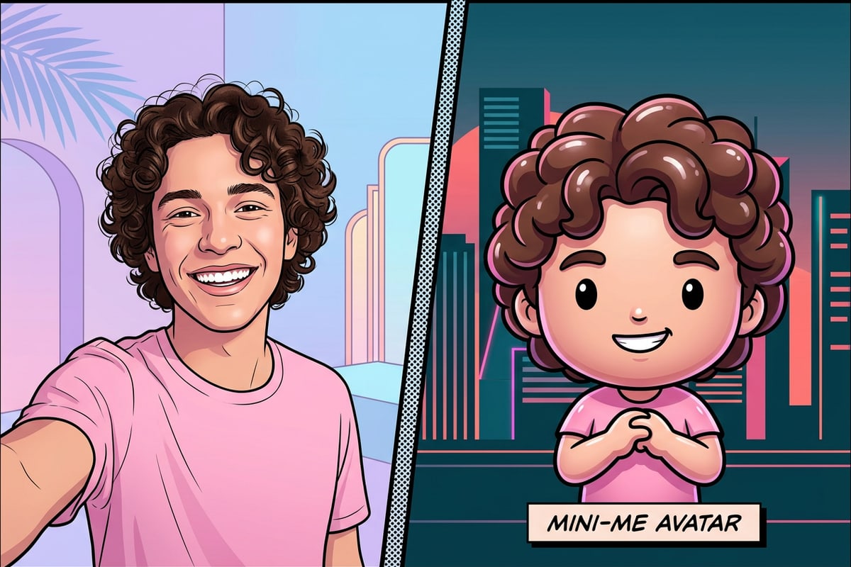 Side by side comparison of a real selfie photo and its generated 3D Chibi vinyl avatar equivalent.