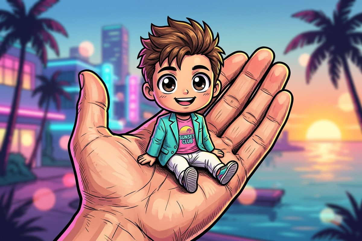 A miniature 3D Chibi character sitting on an open palm with realistic lighting and soft bokeh.