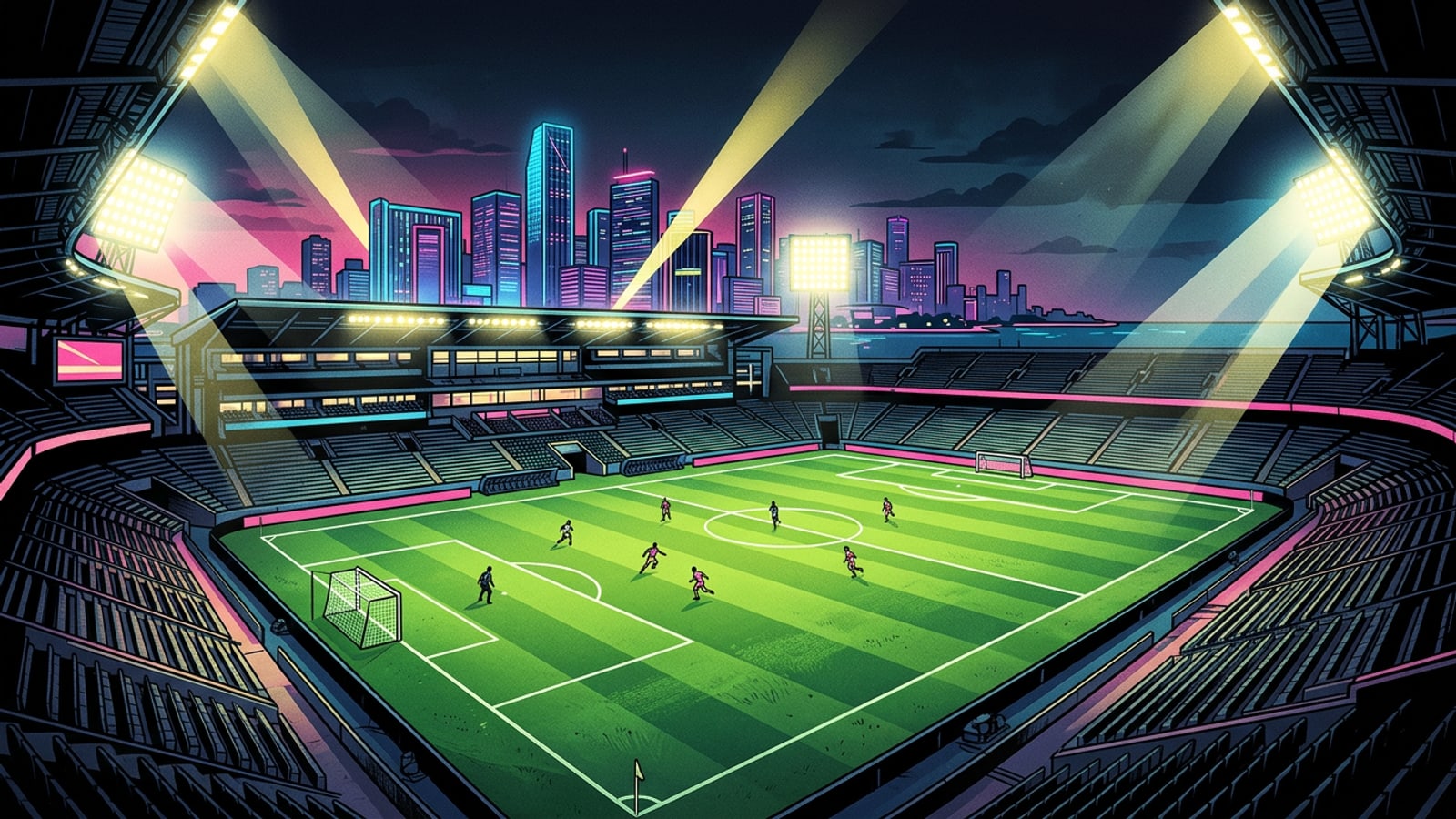 Illuminated soccer stadium pitch under bright floodlights at night.