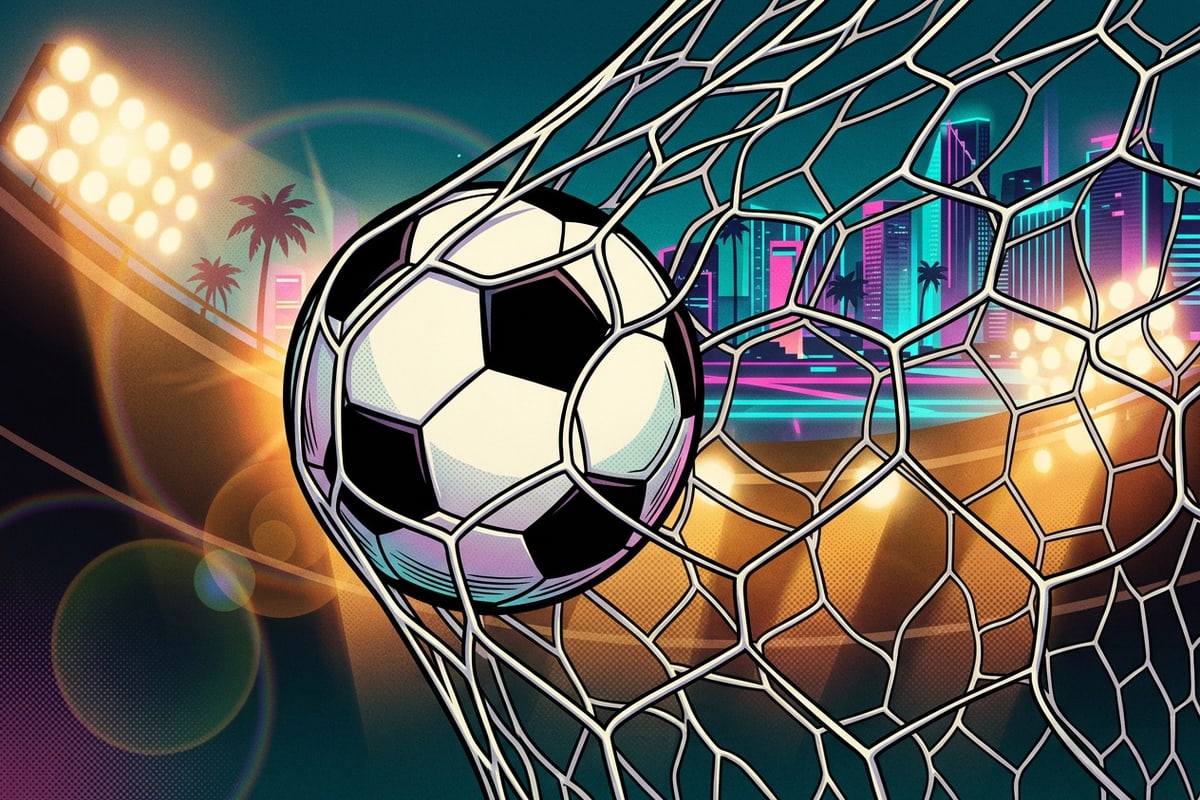 Soccer ball striking the goal net during a night match under stadium lighting.
