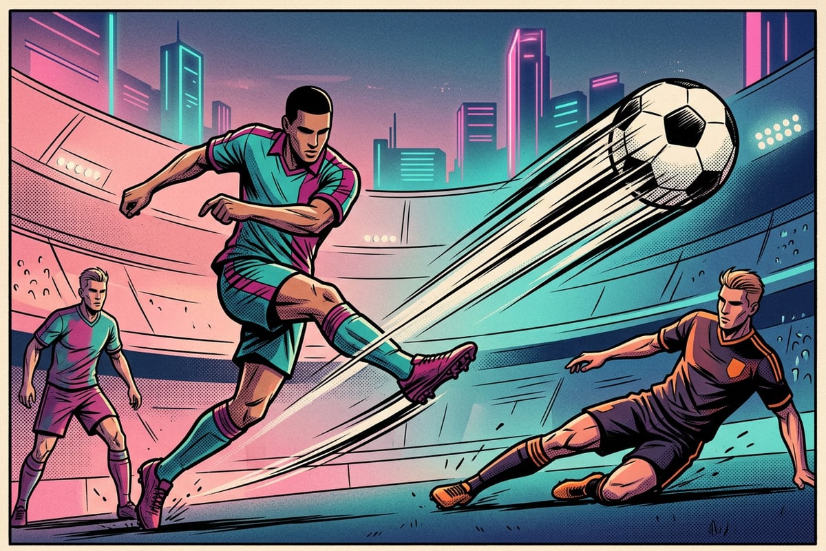Stylized comic strip graphic illustration depicting soccer match action.
