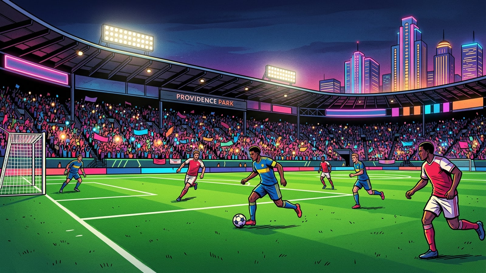 Wide view of a soccer stadium pitch illuminated by night floodlights during a match.