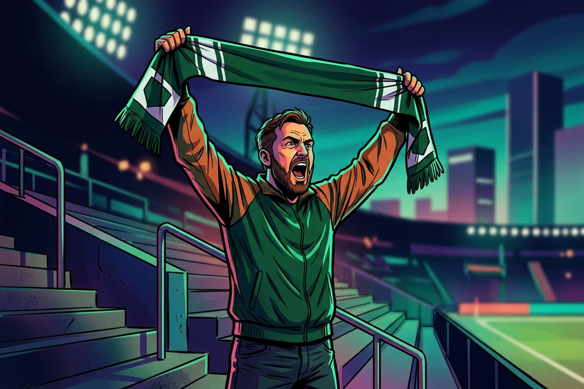 Soccer fan holding a scarf high in stadium stands during a night match.