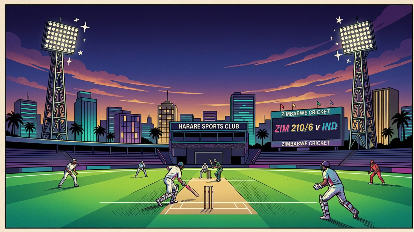 Floodlit cricket stadium at twilight in Harare during an international match.