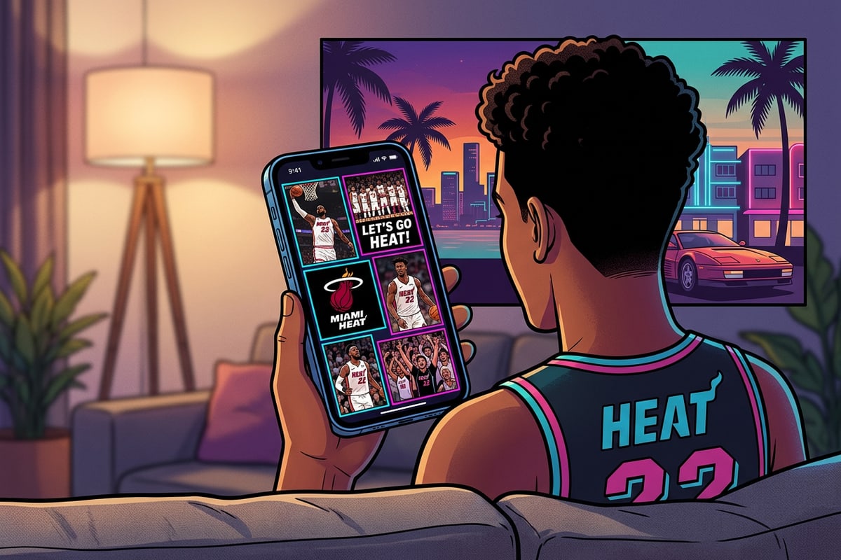 Sports fan viewing a cricket matchday photo collage on a smartphone.