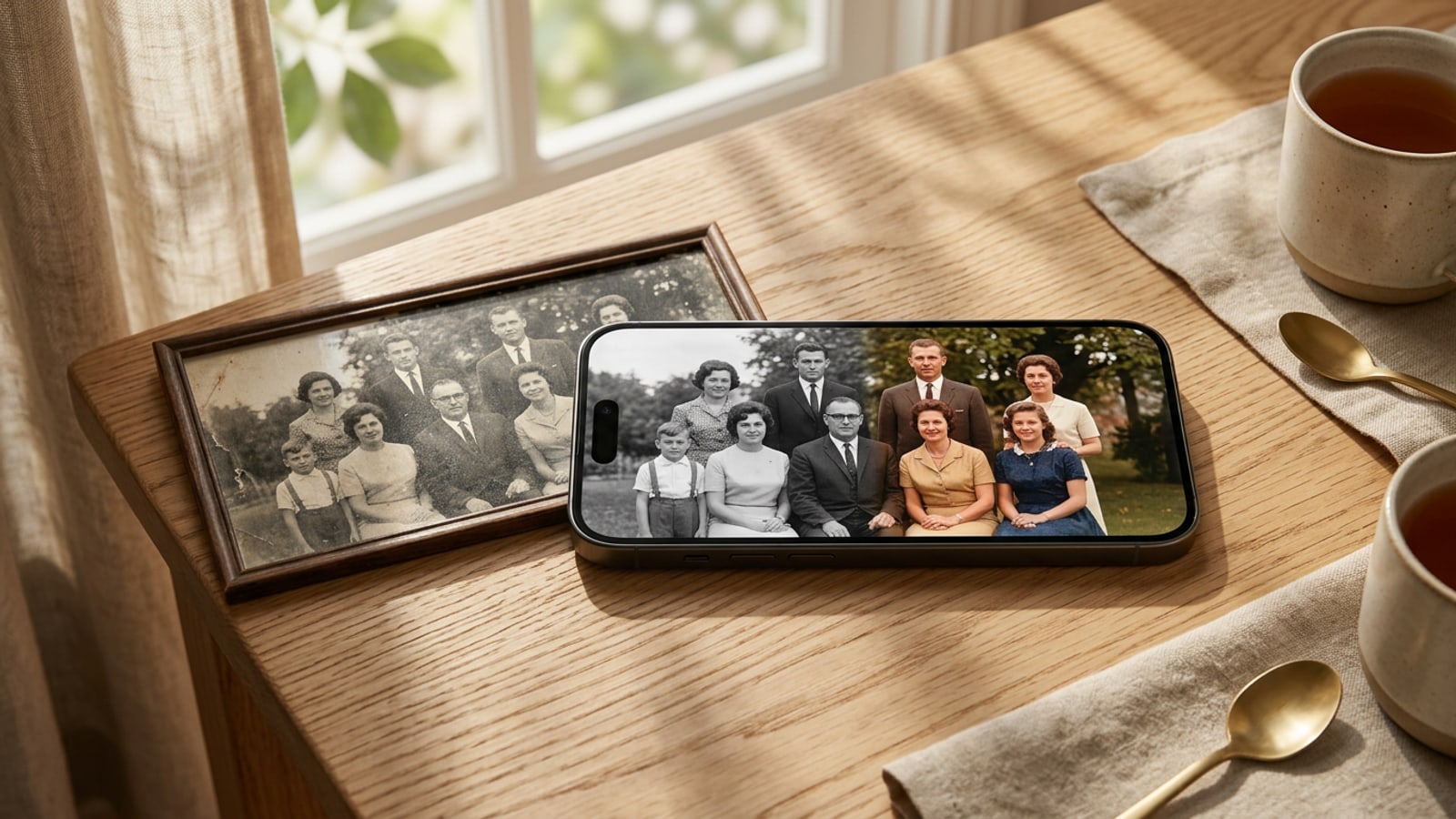 Vintage monochrome family portrait transforming into natural digital colors on an iPhone screen placed on a light wooden table