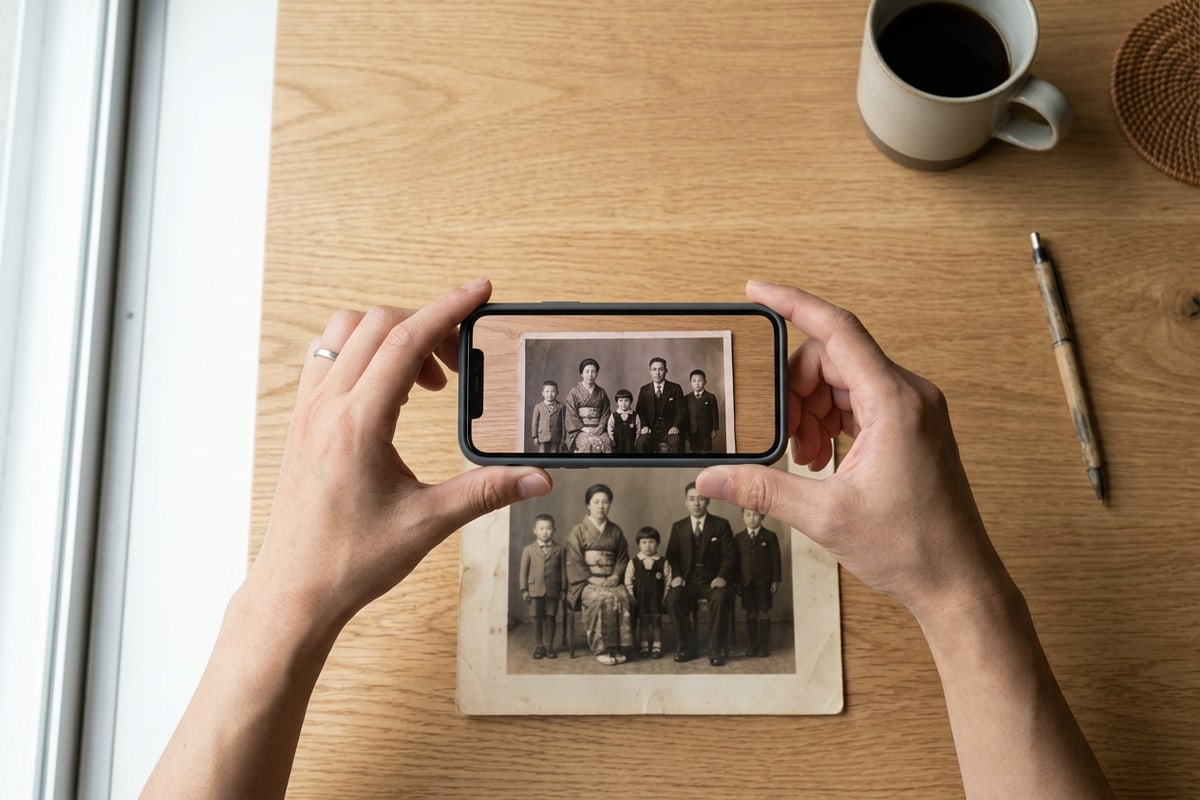 iPhoneを水平に構えて窓際の間接光で紙の白黒写真をきれいに撮影・デジタル化する様子