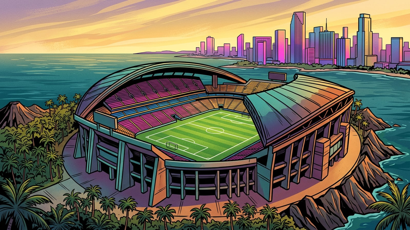 Sunlit modern football stadium bowl on a coastal tropical island during golden hour.