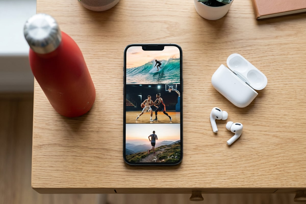 Smartphone on a wooden table displaying a multi-panel football stadium photo layout.