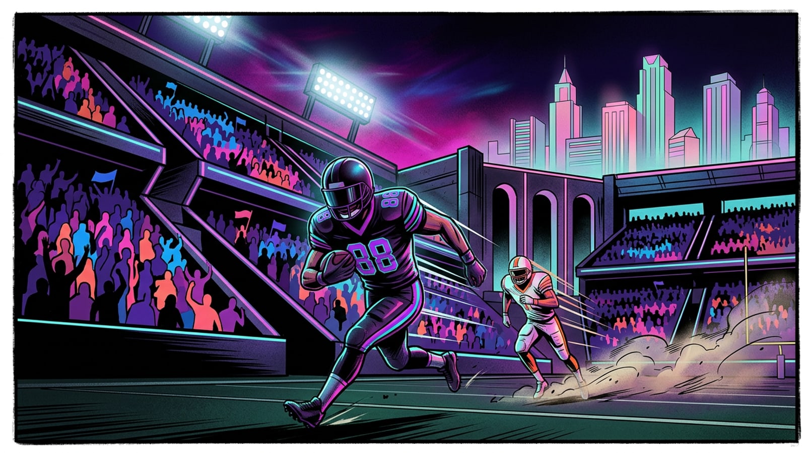 Illuminated football stadium at night packed with fans during a high-stakes match.