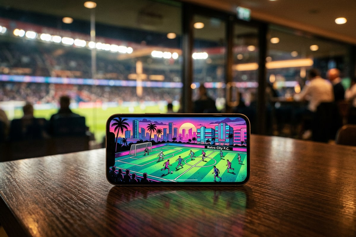 Smartphone resting on a table displaying a dynamic sports graphics concept inside a stadium lounge.