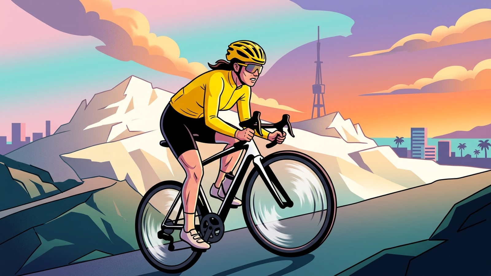 Cycliste féminine en maillot jaune grimpant le Mont Ventoux lors d'une arrivée d'étape ensoleillée.