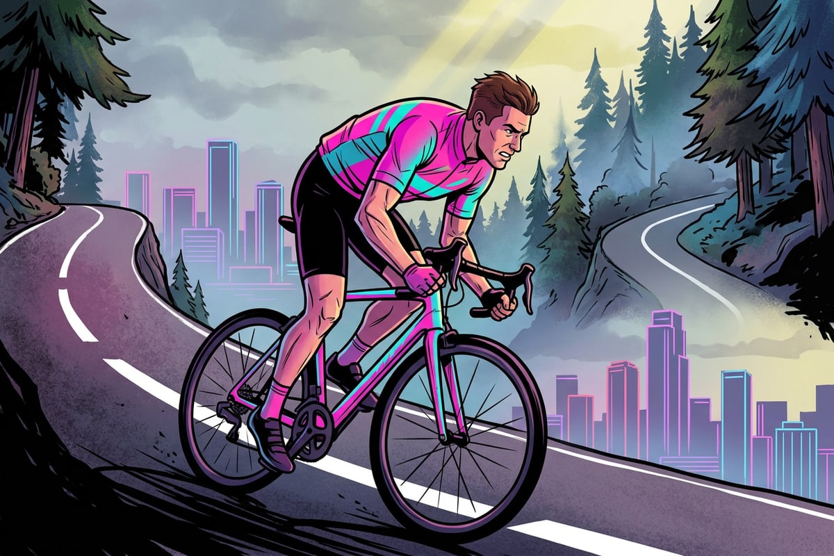 Road cyclist climbing steep mountain pass under dynamic sunlight.