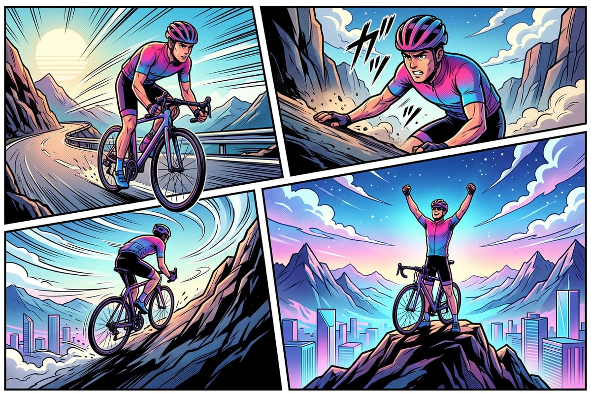 Manga comic panel illustration of a cyclist riding up a dramatic mountain peak.