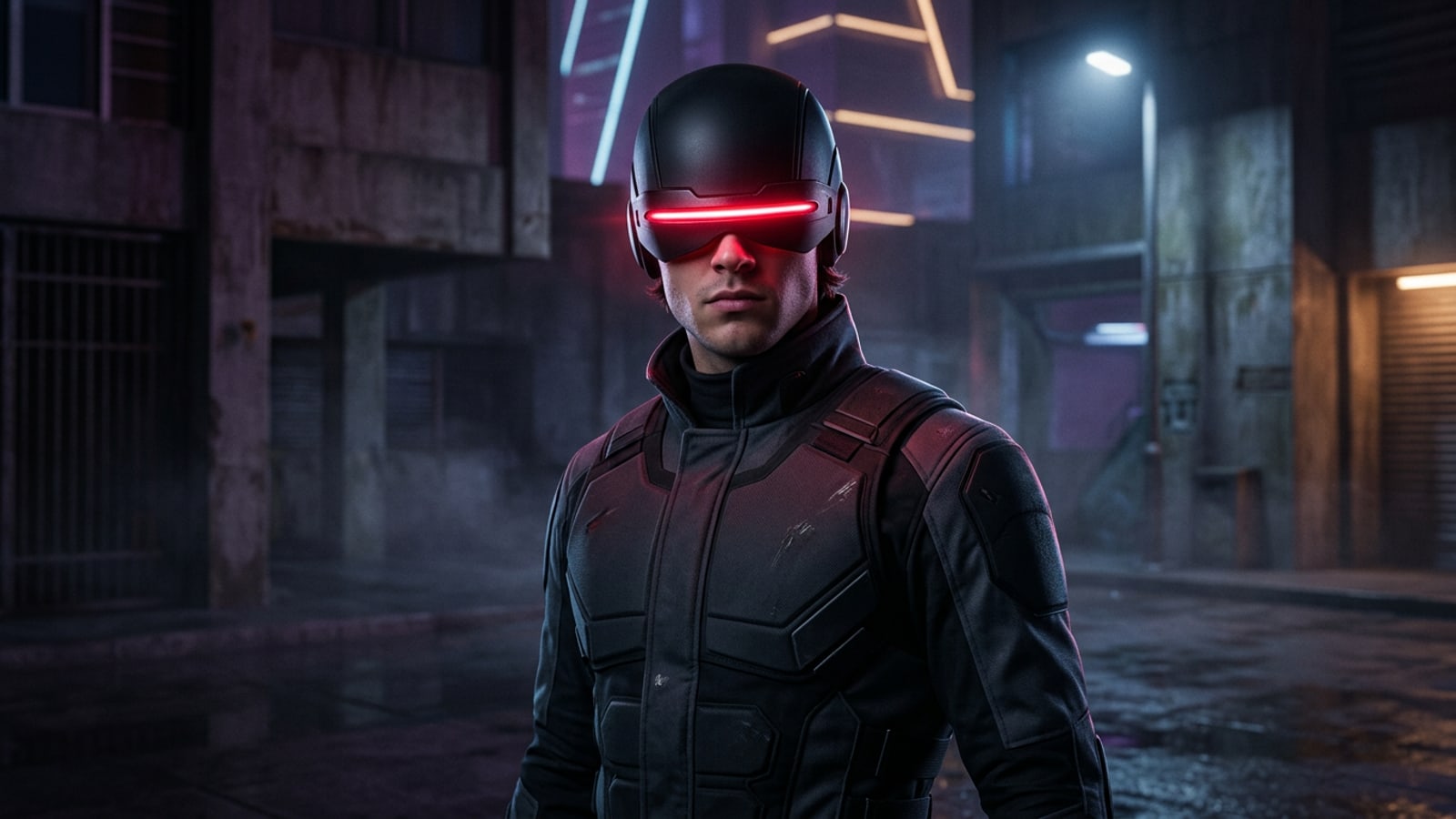 Retrato cinematográfico de um personagem de super-herói masculino usando um visor óptico brilhante vermelho
