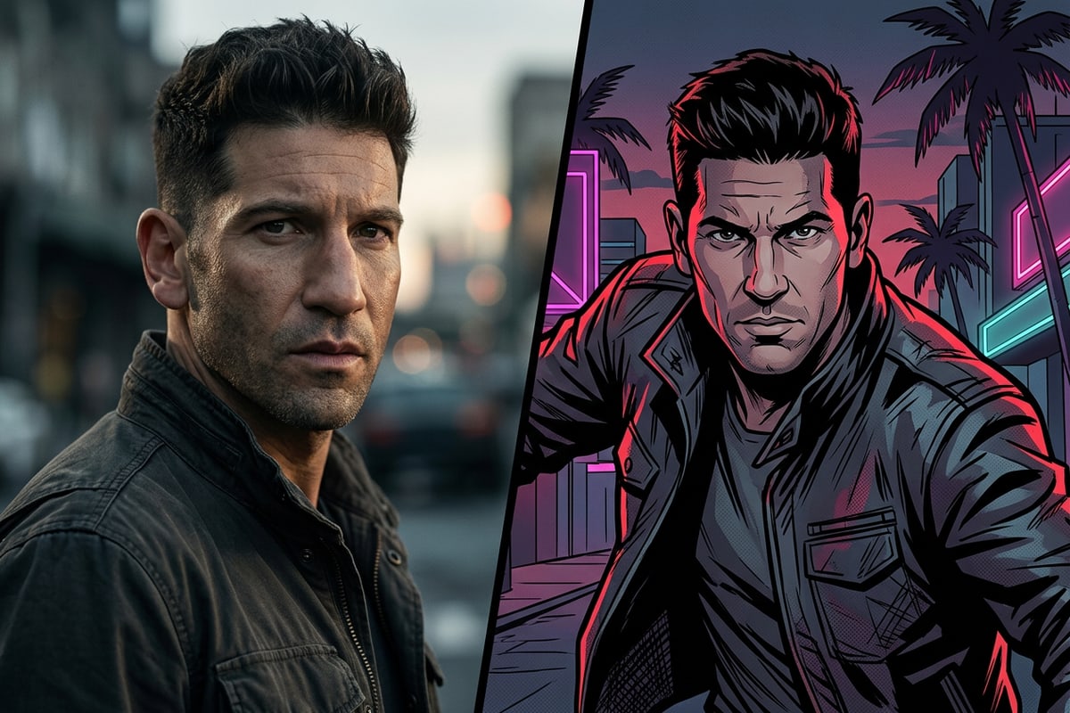 Side-by-side visual comparing realistic superhero portrait lighting with graphic novel comic art styling