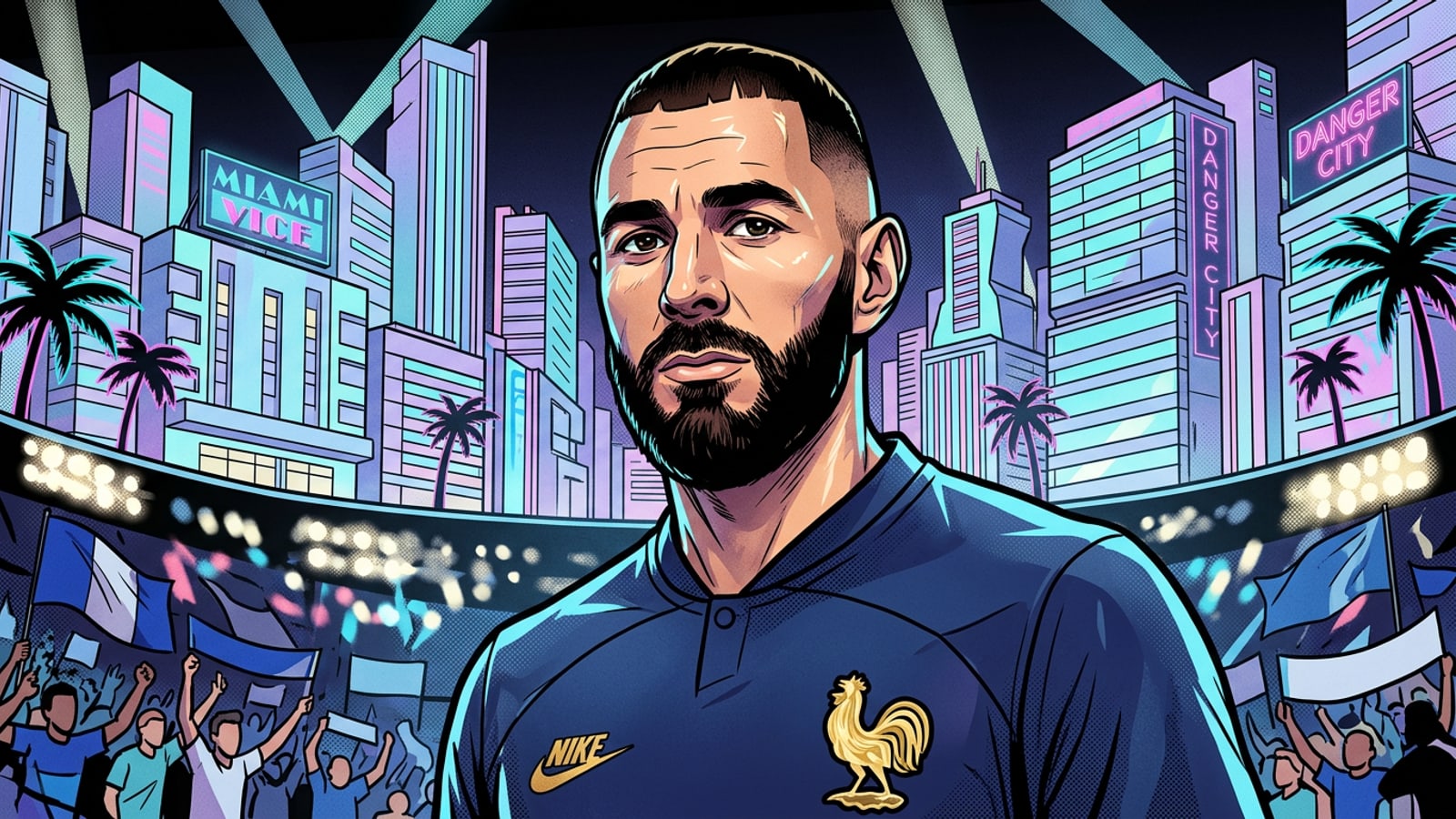 صورة مقربة للاعب كرة قدم فرنسي بملامح حازمة يرتدي قميصاً كحلياً تحت أضواء الملعب.