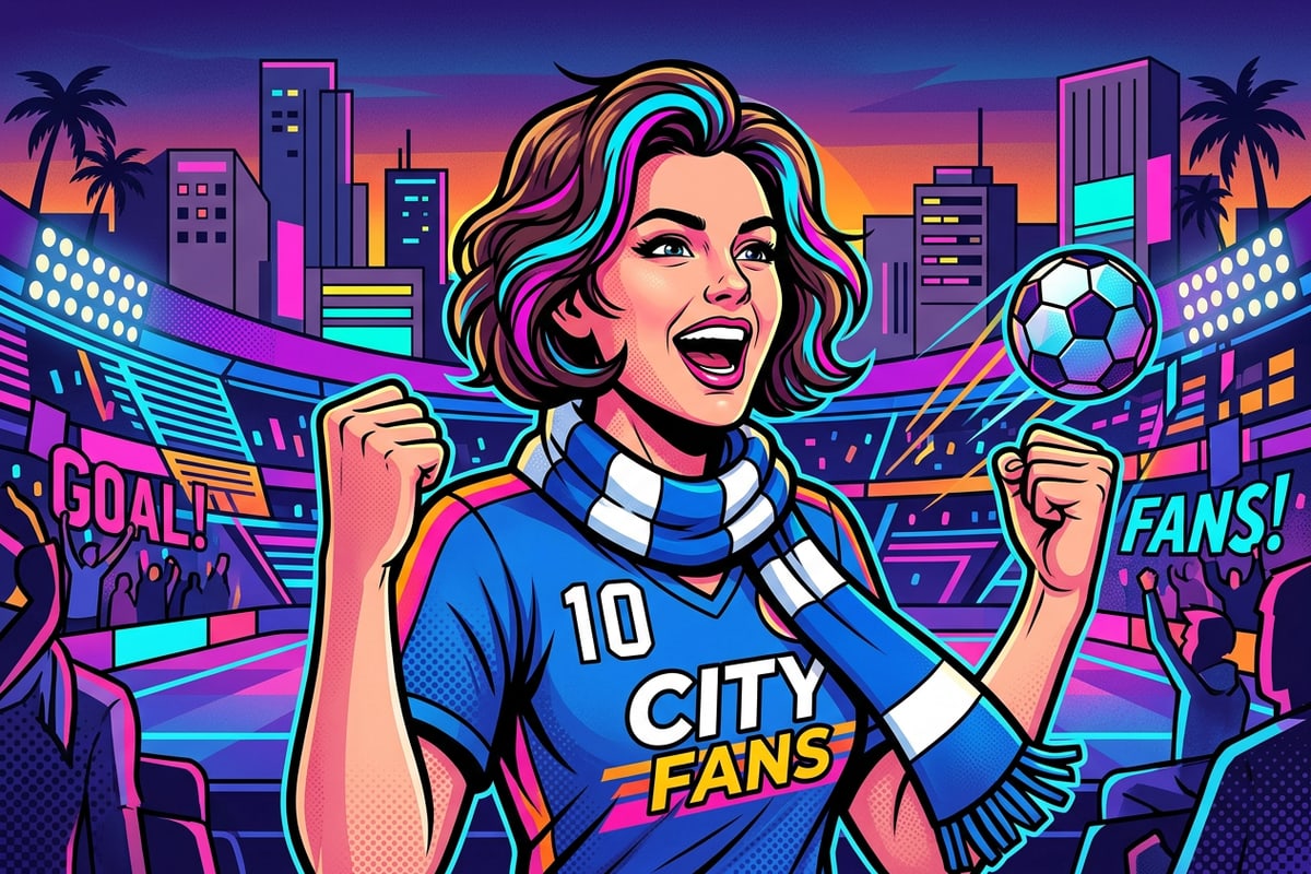 Pop art style illustration of a cheering football fan in a blue jersey.