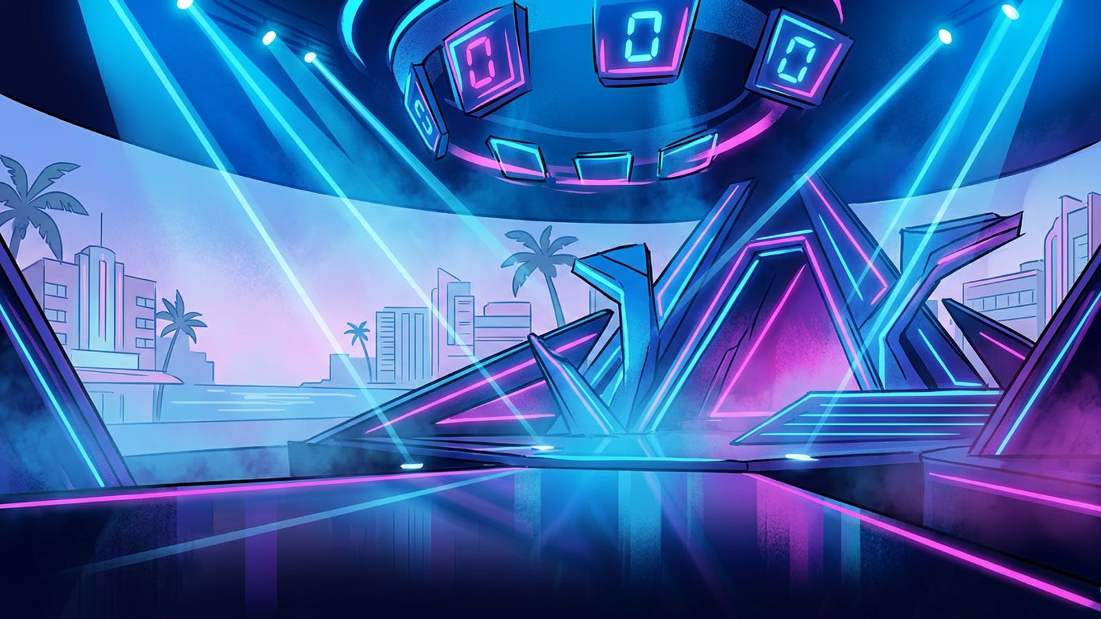 Dramatic illuminated reality television studio stage with blue and neon magenta lighting.