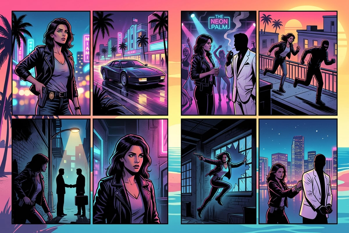 Stylized multi-panel comic book sheet artwork featuring dramatic character silhouettes.