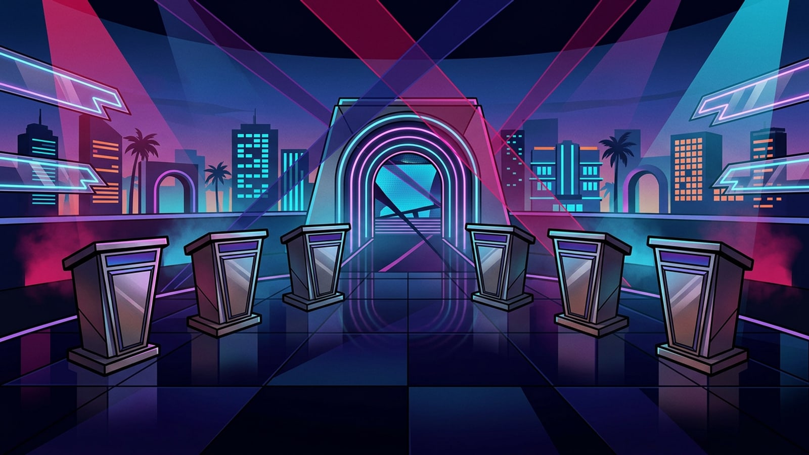 A high-end reality television elimination gala stage with metallic podiums and dramatic magenta and indigo broadcast lighting.