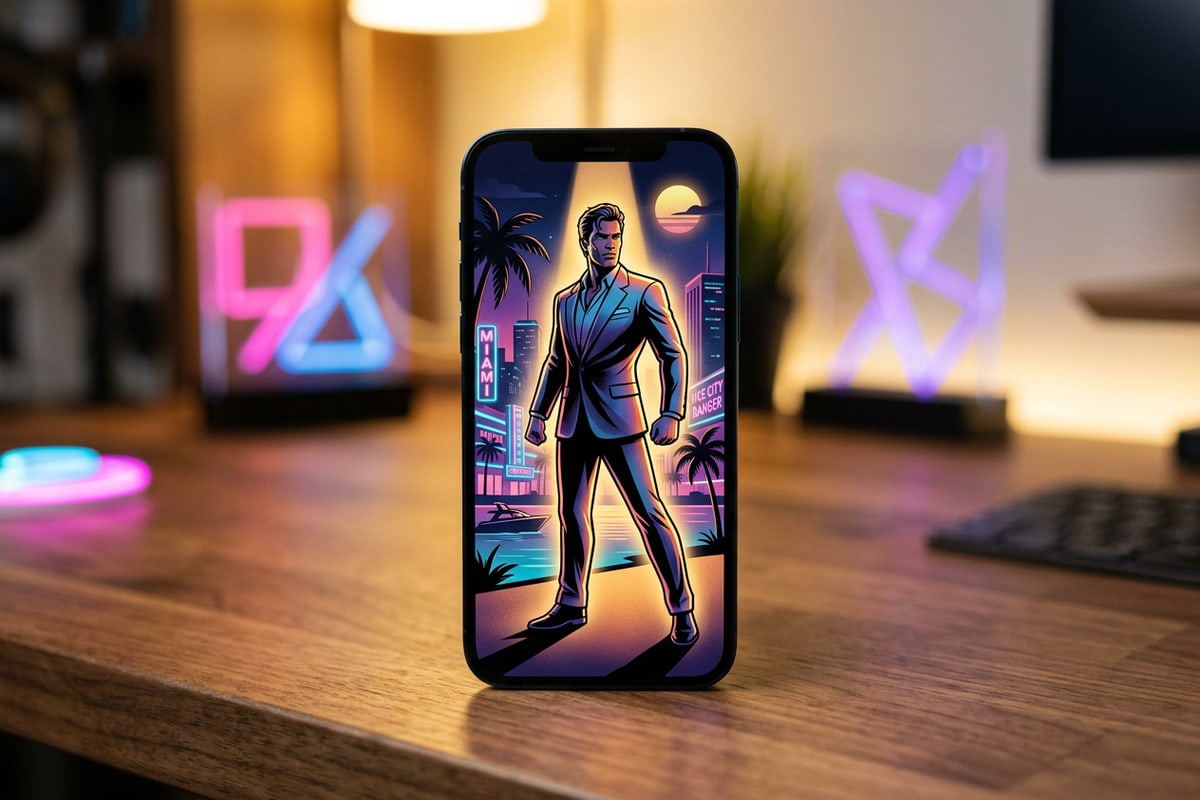 An iPhone on a wooden desk showing a vibrant portrait fan campaign layout with warm lighting.
