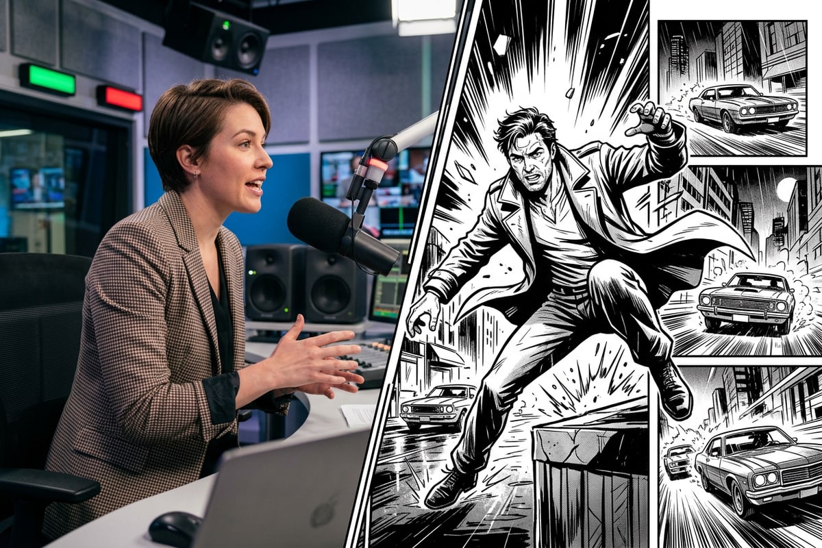 A split artwork showing a reality television video scene transforming into a multi-panel black-and-white manga comic page.