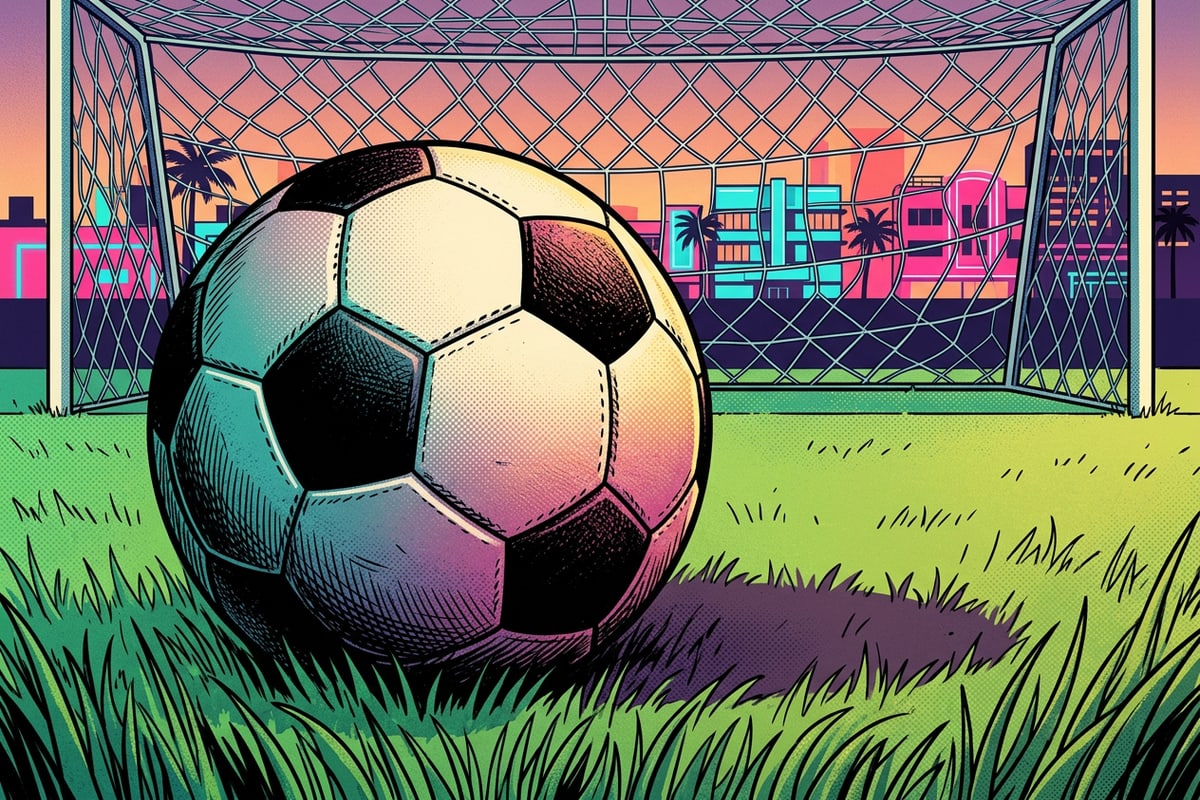 Close-up of a football on grass near the goal net at sunset.