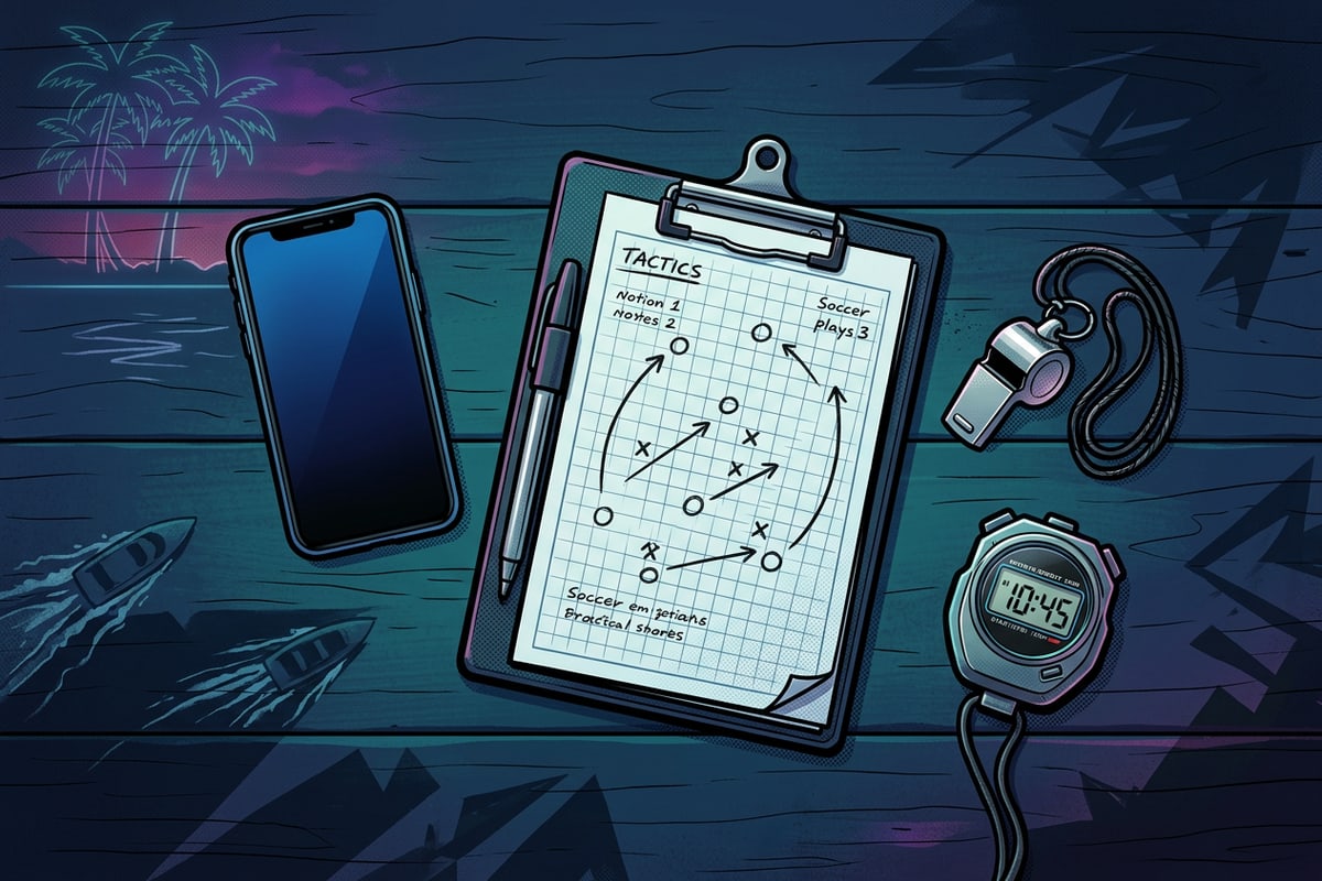 Flatlay of a mobile device next to a football tactical clipboard and whistle.