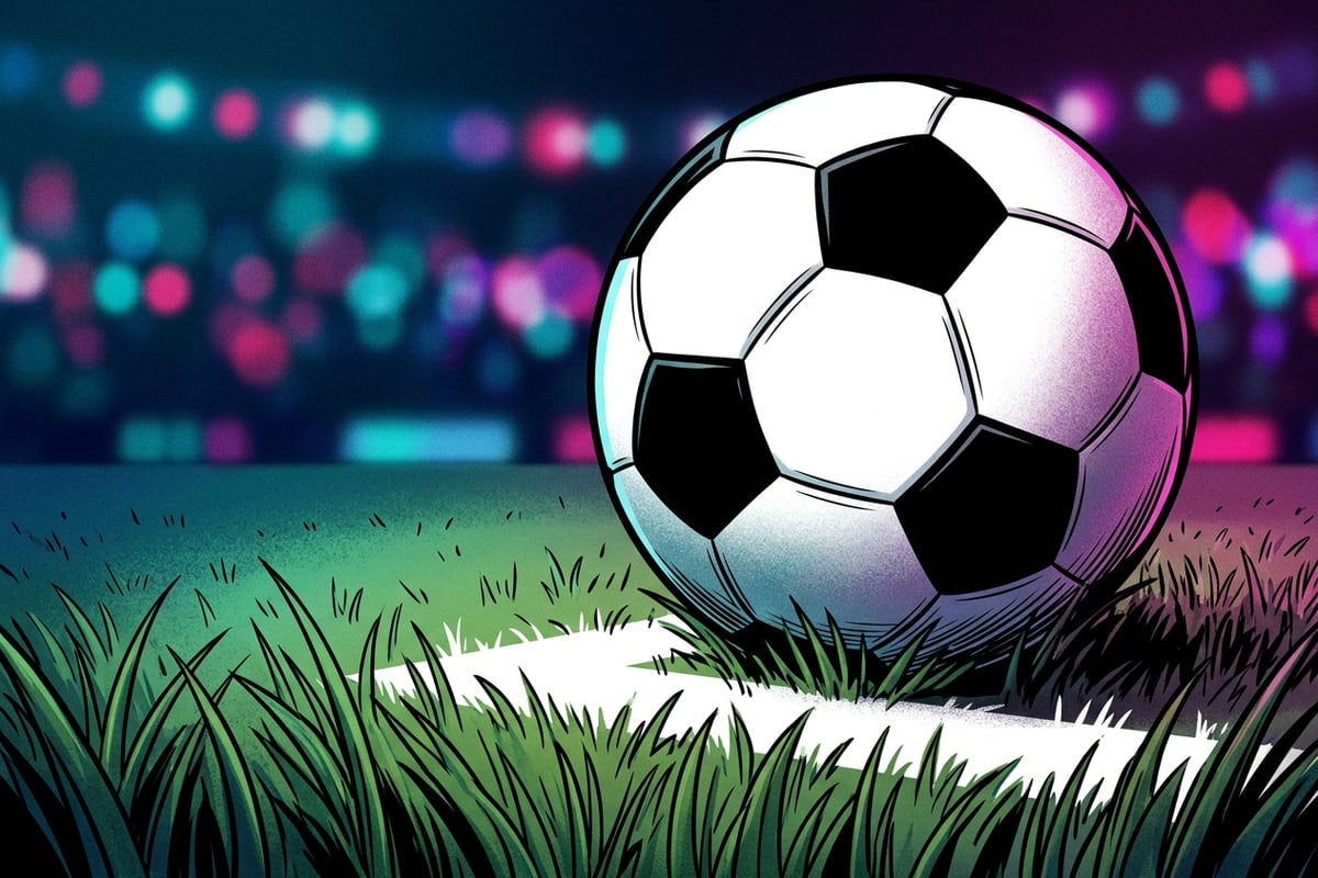 Close-up of a soccer ball on the penalty spot under stadium lights.
