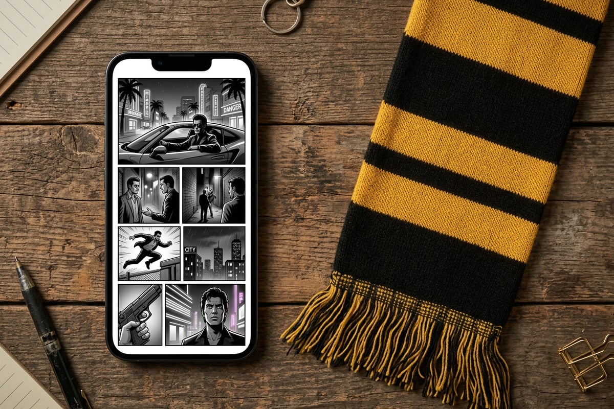 A smartphone on a desk showing a manga comic layout next to a soccer scarf.
