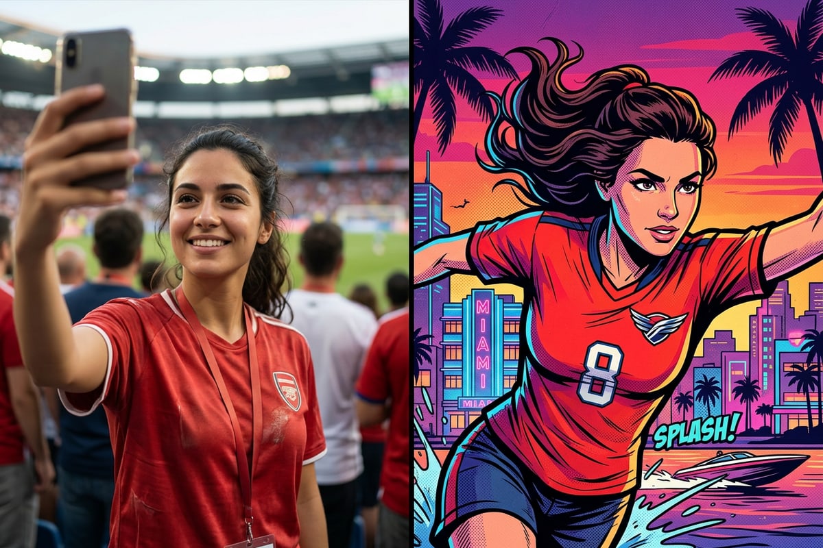 Pop-art comic panel of a soccer player dribbling a ball with action lines.